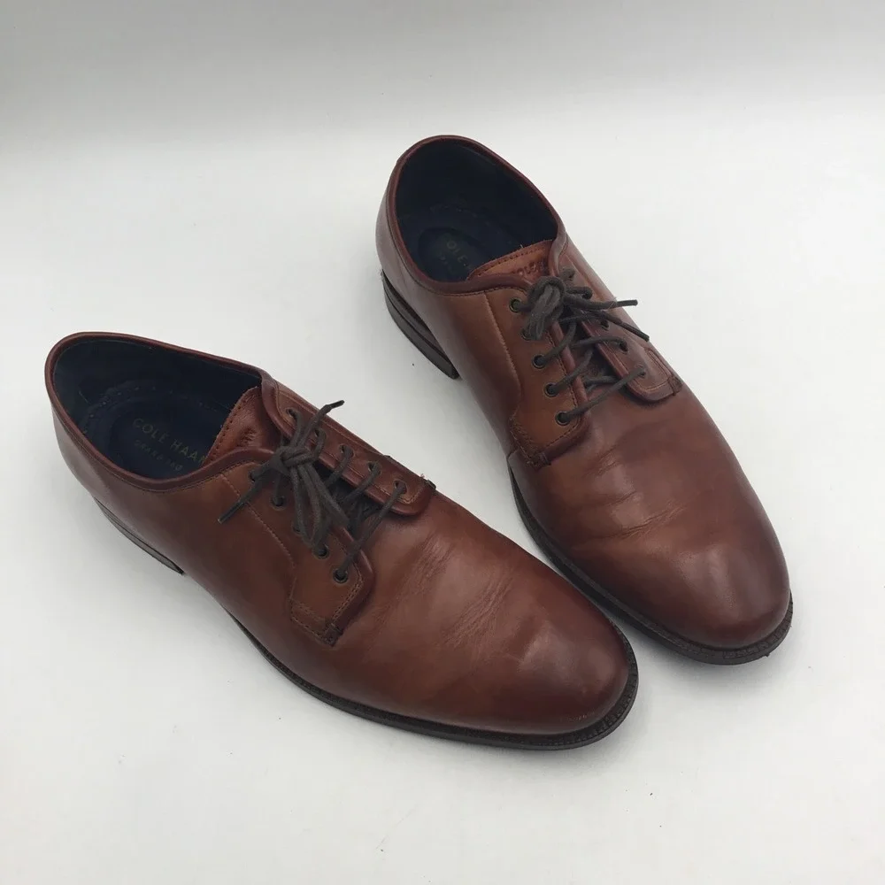 Cole Haan Grand.OS Mens Brown Leather Derby Dress Shoes Plain Toe Lace Up Sz 9 M